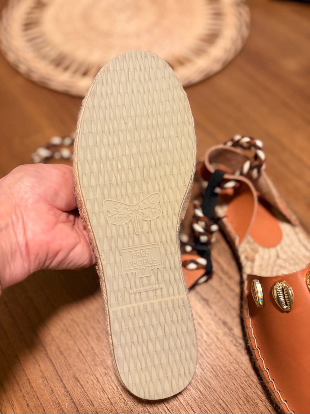 Free People Cowrie Shell Tan Leather Espadrille Sandals - Picture 4 of 8